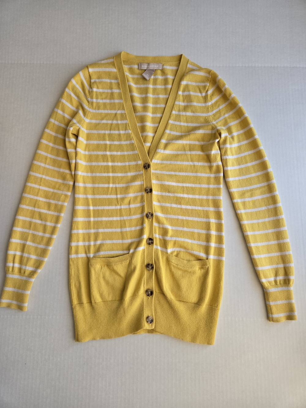 Banana Republic Yellow & White Striped V-Neck Cardigan Sweater - Size XS